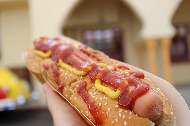 cachorro quente com salsicha, pão, maionese, mostarda e ketchup
