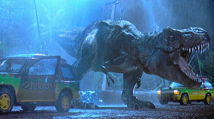 Dinossauro em uma das cenas do filme Jurassic Park
