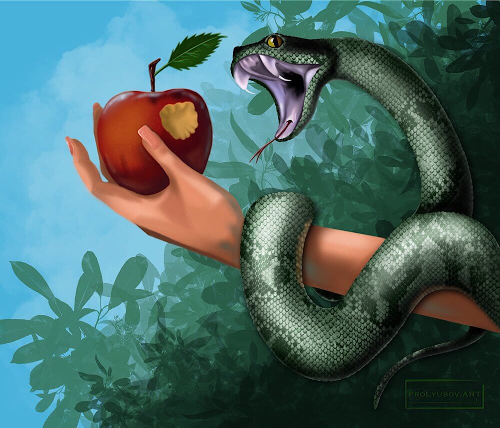 mulher segurando maçã e cobra mordendo